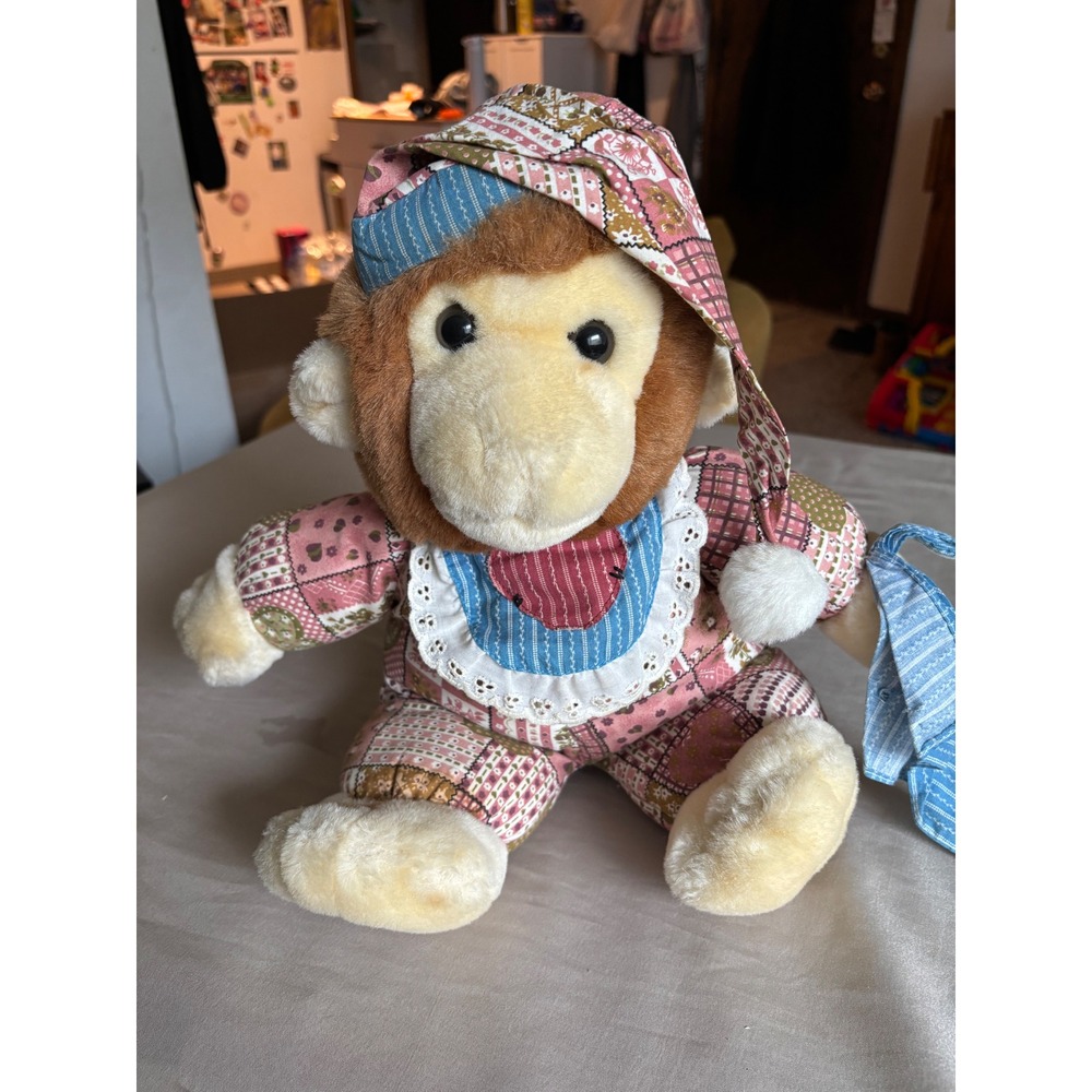 Vintage MTY International Monkey Plush Pink Patchwork Outfit  Stuffed Toy